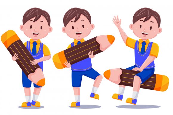Cute Kids Boy Student with Pencil 01 Vector Asset