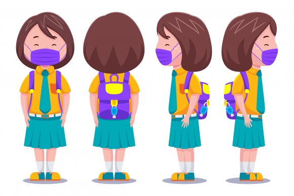 Cute Kids Girl Student Wearing Mask 01 Vector Asset