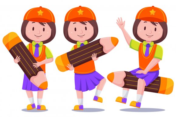 Cute Kids Girl Student with Hat 01 Vector Asset
